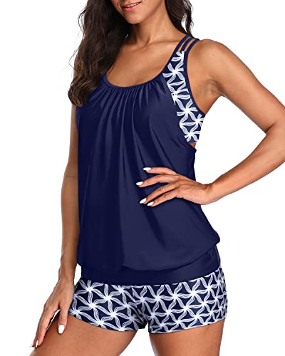 Image of Yonique Two Piece Tankini Bathing Suits T-Back Blouson Swim Tops with Boy Shorts Women Swimsuits Sporty Swimwear Blue Geometric XS