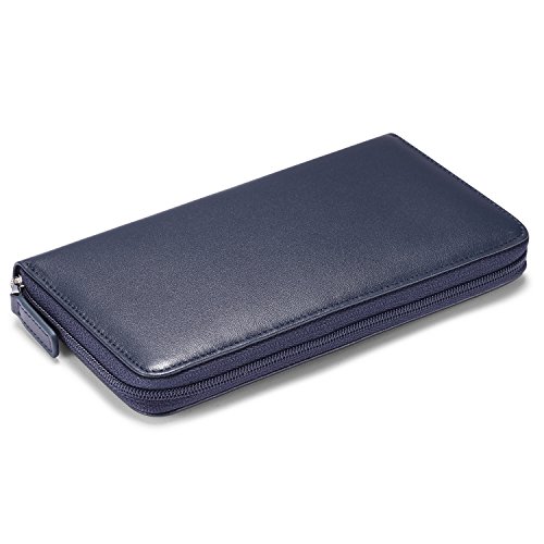 Image of HISCOW Leather Checkbook Cover, Zippered Wallet with Card Slots, Dark Blue | Full grain cowhide, 5cc & ID window, personal check book & register pockets, removable duplicate divider, women secure zipper