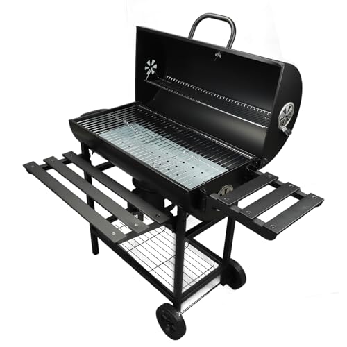 Grill à Charbon de Bois en Baril, Barbecue de Camping, Barbecue D'Extérieur avec Table Avant Latérale, Poêle Barbecue Amovible avec Thermomètre, Gril Cuisson pour Jardin Extérieur
