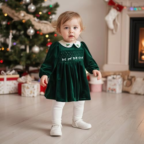 Kids Toddler Girl Christmas Outfit Velvet Dress Doll Collar Long Sleeve Smocked Dresses Party Xmas Winter Clothes3