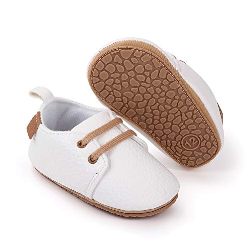 Image of Methee Baby Boys Girls Shoes PU Leathe Non-Slip Rubber Sole Oxford Loafers Shoes, White 0-6 Months Infant