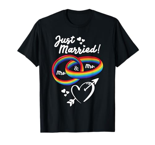 Just Married Mrs & Mrs Gay Lesbian Wedding Engagement LGBTQ Camiseta