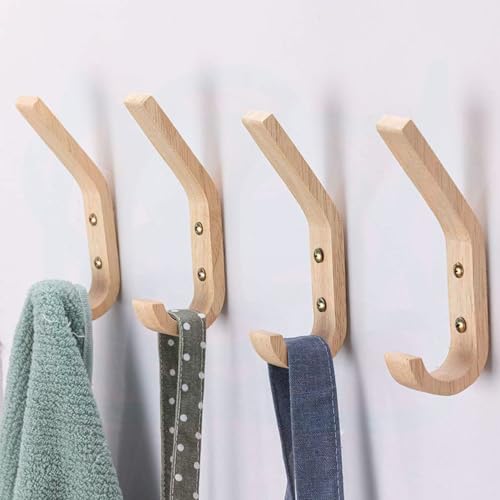 YIRANJIA 4-Pack Wooden Coat Hooks | Natural Oak Wall Hooks | Vintage Decorative Heavy-Duty Hooks for Coats, Cap，Keys & More