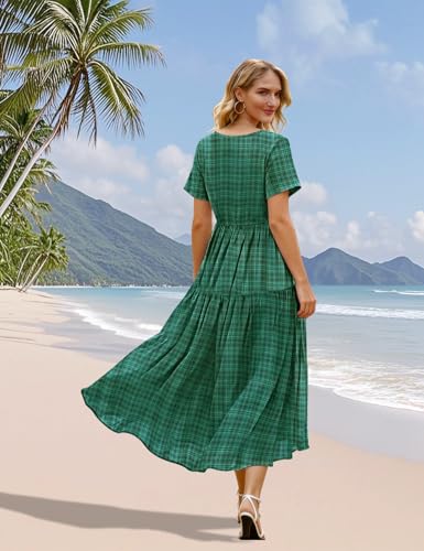 Image of YESNO Women's Summer Maxi Dresses Casual Floral Short Sleeve V Neck Boho Beach Vacation Swing Dress with Pockets EVF