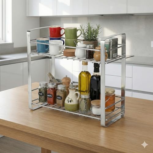 Image of TechSrmaji 2 Tier Stainless Steel Kitchen Rack | Multipurpose Storage Shelf for Kitchen & Bathroom | Rust Proof Dish Rack, Spice Organizer, Bathroom Shelf (Silver)
