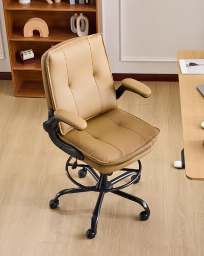 Image of Karl home Tall Drafting Chair, Faux Leather Khaki | 330Lbs Capacity, Tall Office Chair for Standing Desk, Adjustable Height with Foot Ring, Flip-Up Armrests, PU Executive Chair