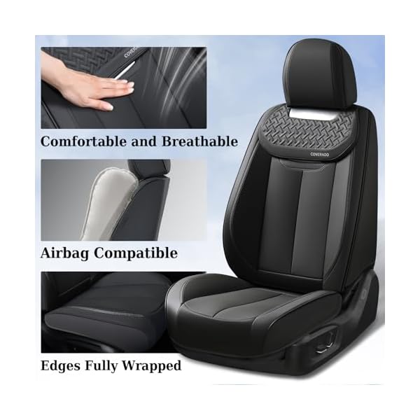 Coverado Car Seat Covers Front Seats, Nappa Leather Front Seat Covers, Waterproof Car Seat Cushion, Black Seat Covers Car Seat Protector Interior Accessories Fit for Most Cars - Image 3