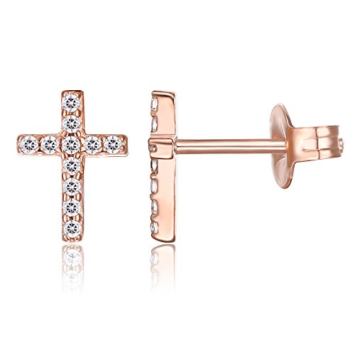 PAVOI 14K Rose Gold Plated Girls Sterling Silver Earrings | Pave CZ Rose Gold Cross Earrings for Women