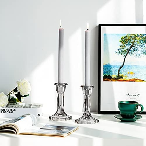 Sziqiqi Taper Candle Holder, Pack of 2 Glass Candlestick Holders Crystal Hexagon Base Table Top Centerpieces for Living Room Wedding Banquet Birthday Decor, Grey