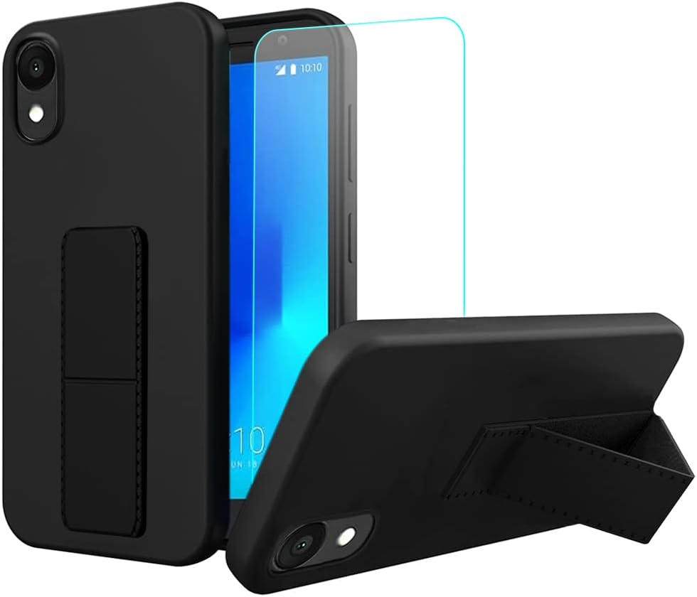 Sitikai Case for Alcatel 1 2021 (5.00 Inch) Phone Case, Stand Case with Tempered Glass Screen Protector Hide Telescopic Folding Kickstand Shockproof Protective Cover Case for Alcatel 1 2021 - Black