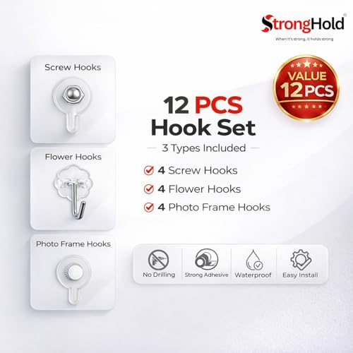 Image of StrongHold Wall Hook Combo Pack of 12 - (4 Pcs of Each Hooks) | Self Adhesive Photo FrameHooks, ScrewHooks & FlowerHooks | Heavy Duty Transparent & Stainless Steel Wall Hooks