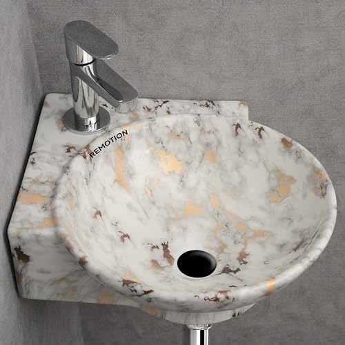 Image of REMOTION Wall Mounted Wash Basin for Bathroom | Wall Hung Corner Sink | Ceramic Round Wall Hung Wash Basin | Wall Hung Small Corner Basin (16.3 x 13.8 x 4.3 Inch) (White Gold Spot)