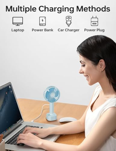 Image of UN1QUE Mini Portable Hand Fan - Powerful Brushless Motor Small Fan, 3-Speeds, USB Rechargeable Fan with Base for Travel, Office, Kitchen for Women and Men (Blue, X3 Pro)