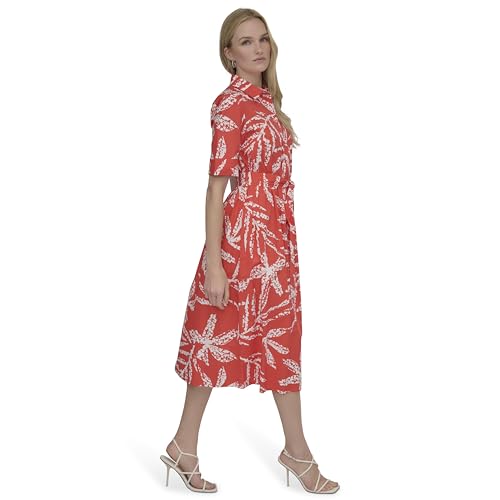 Image of DKNY Women's Short Sleeve Cotton Poplin Collared Midi Shirtdress
