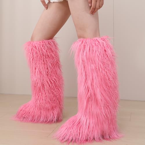 Image of Valpeak Faux Fur Tall Furry Boots for Womens,Long Winter Boots for Girls,Mongolian Fluffy Boots for Kids Fuzzy Knee-High Boots