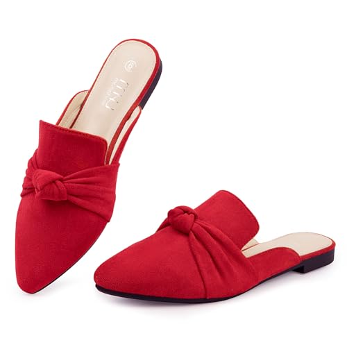 Image of MUSSHOE Mules for Women with Bow Knot: Pointed Toe Flats - Cloud-Cushion Suede Backless Loafers for Office & Casual Wear - Wide-Fit Friendly Slip On Slides with Memory Foam
