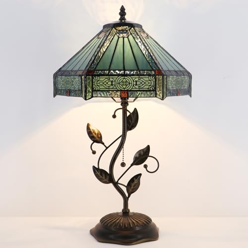 Image of Tiffany Table Lamp, Stained Glass Desk Light, W12H19 Inch, Metal Leaf Base (Mission Style)