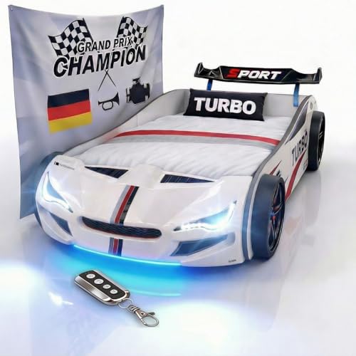 Coemo Autobett GTE Kinderbett 90x200 Rennwagenbett inkl. Rollrost Sound Hupe Motor LED-Leuchte Bett Farbe Weiß Sportwagen-Design Spoiler