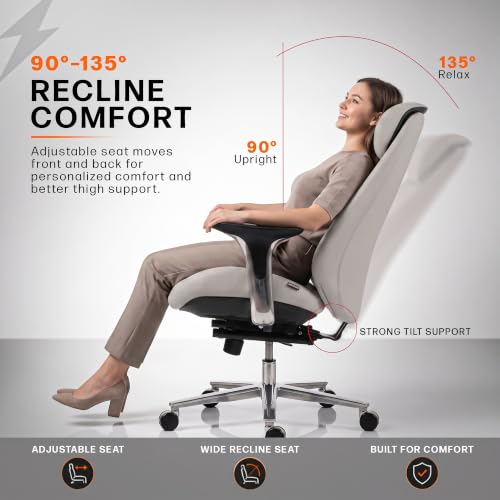 Image of Drogo Amara Ergonomic Office Chair for Work & Home- Luxury Semi-Silicone Leather, 5cm Seat Depth Adjustment, Curved Headrest, PU Aluminium Armrest, 135 Recline with 3 Lock Positions, Footrest (Beige)
