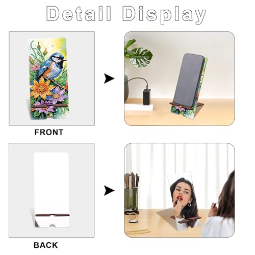 Image of Flower and Bird Diamond Painting Phone Stand with Mirror, DIY Wooden Diamond Art Desktop Holder, 2-in-1 Diamond Painting Tabletop Ornament - Phone Stand and Mirror for Home and Office
