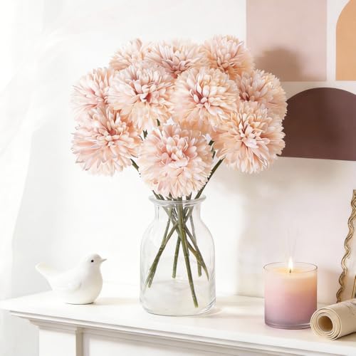 SHINE-CO LIGHTING Artificial Chrysanthemum Ball Flowers Hydrangea Arrangement Bouquet Presents Decor 10pcs Without Vase (Champagne Pink)