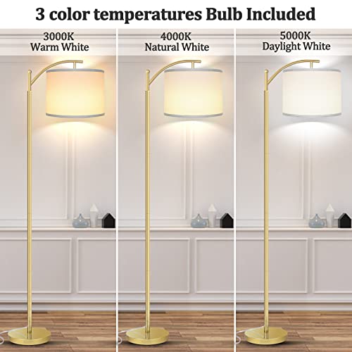 ROTTOGOON Floor Lamp for Living Room, LED Standing Lamp with White Lamp Shades Tall Industrial Floor Lamp Reading for Bedroom, Office, Study Room, 9W LED Bulb Included -Gold