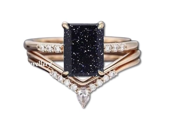 K O J Emerald Cut Blue Sandstone Engagement/Wedding Ring+Bands, Dainty Cz Ring Set of 3, Anniversary Ring, Bridal Ring, Vintage Ring, Best Gift For Her, Sterling Silver Ring, Stacking Ring