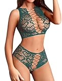 Avidlove Womens Fishnet Lingerie Heart Embroidery Sexy Slutty Tops Hallow Out Two Piece Lingerie Sets Blue Green