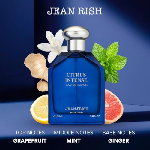 Jean Rish Citrus Intense Perfume for Men Eau De Parfum, Long-Lasting Luxury Fragrance, Made In USA - Lemon, Mint, Ginger, Amber, Sandalwood Scent - 100ml / 3.4 oz