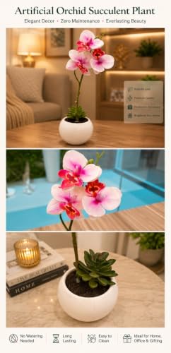Image of LE'SIJA DECORATIONS Artificial Orchid Plant, 35cm Pink Silk Flowers Real Touch Latex Petals, 4 Bloom Heads in White Plastic Pot for Home, Wedding, Office, Tabletop Decor (Orange)