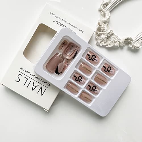 Black French Tip Press On Nails Short Square Fake Nails Glossy Nude Glue On Nails Full Cover Coffin False Nails With Snake Star Moon Designs Black Nail Tips Acrylic Stick On Nails For Women Girls #TOP5