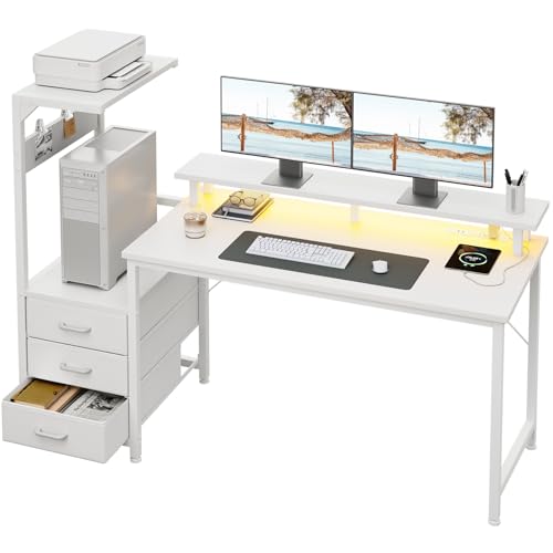 Image of AODK 59 Inch Gaming Desk with USB Charging Ports & LED Light- Reversible Computer Desk with Storage Shelves & Monitor Stand, Modern Gamer Desk Table with Fabric Drawers, White