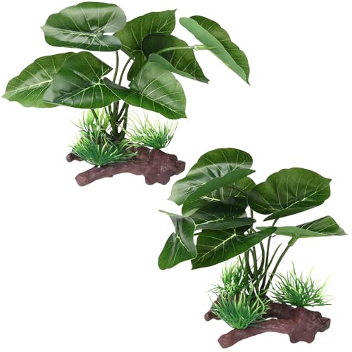 BEGONDIS 2Pcs Reptile Artificial Plants, Terrarium Plants Decorations Supplies, Aquarium Fish Tank Plant, Amphibian Habitat Hideout Tank (Green)