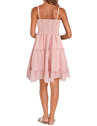 Image of FANCYINN Women Floral Casual Tiered Mini Dresses Spaghetti Strap V Neck Backless A Line Swing Short Dress with Pockets
