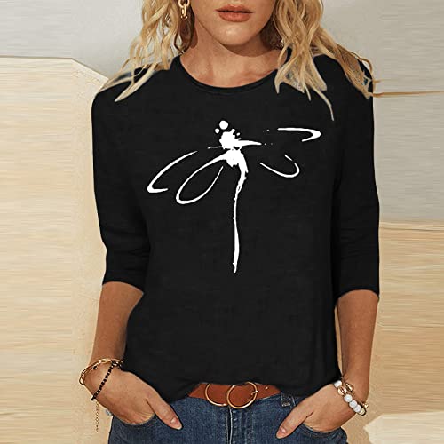 Womens Tops Dressy Casual Spring 2023 Dragonfly Print 3/4 Sleeve Pullover Shirts Crewneck Tunic Blouse Regular Fit Boho Summer Tops Black L #TOP1