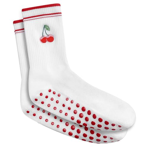 Cute Pilates Socks for Women Grip Crew Yoga Socks Embroidery Cherry Pattern Workout Ballet Sticky Athletic Slipper Sock Non Slip Cotton Crew Sock for Yoga Barre Dance House Hospital
