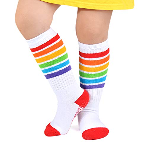 Image of Epeius Baby Girl Rainbow Striped Knee High Socks Non-Skid Uniform Tube Stockings for Infant,Toddler and Child