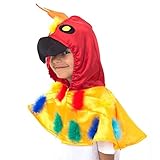 Der Papagei Umhang ist mit mehreren bunten Marabufedern dekoriert - für alle Kinder, die Papageien lieben.