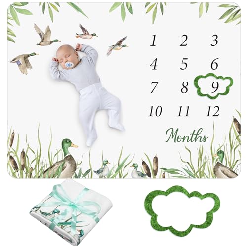 Image of Preboun Mallard Duck Baby Monthly Milestone Blanket Months Blanket Mallard Duck Stuff Growth Chart Milestone Gift for Boy or Girl with Felt Marker, 40"x60"