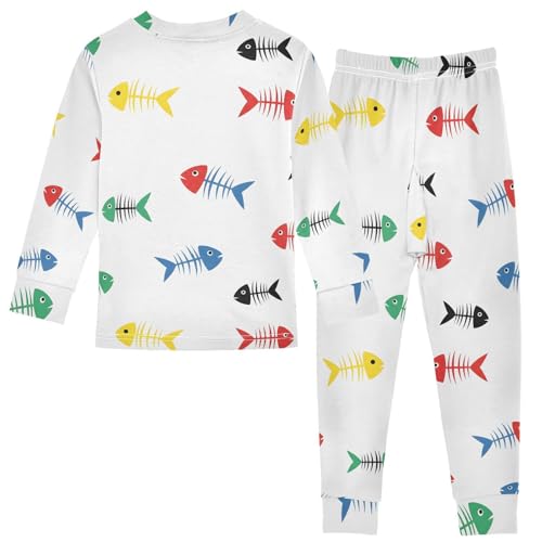 Pajama Sets Long Sleeve Colorful Fish Skeletons on White Soft Comfy Sleepwear 2 Piece PJS 3-8T2