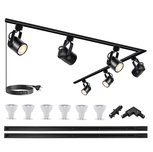 Bravsekai 6 lampen, zwart, modern, 6000 K, woonkamer, slaapkamer, eetkamer, binnenverlichting, keuken cucina track light kit,10W LED H-type track spot met extra 2m
