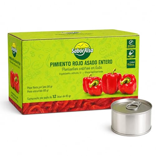 Pimiento rojo asado entero, Pimientos enteros en lata, ingrediente estrella de la dieta mediterránea, Peso Neto por lata 80 gr, Peso escurrido 60 gr, Pack de 12 latas de 80 gr