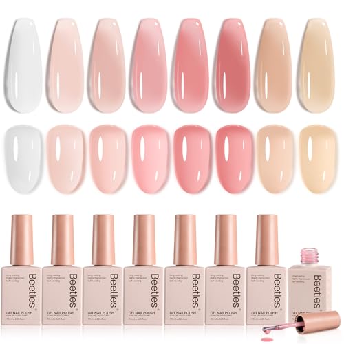 Image of Beetles Jelly Gel Nail Polish Set, 8 Colors Nude Pink Gel Polish | Milky White Neutral Sheer Gel Nail Kit Translucent Effect French Nail Art Nail Concealer Soak Off UV Manicure Gift for Women