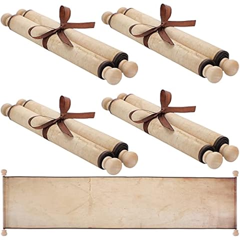 4 Pieces Blank Paper Scroll 7.28 x 33.5 Inches Vintage Scroll Paper with Wooden Spindles Wrapped on Wood Rod Long Aged Blank Scroll for Writing, Drawing, Calligraphy Cover