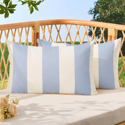 Image of Allorry Outdoor Pillow Covers 12x20 Set of 2 Sky Blue Striped Decoration Throw Pillow Covers for Spring Fall Outdoor Waterproof Garden Patio Furniture Sofa Bed Home Decor JB007-K12