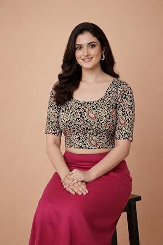 Image of Amazon Brand - Anarva Women's Kalamkari Print Cotton Stretchable Round Neck Readymade Saree Blouse