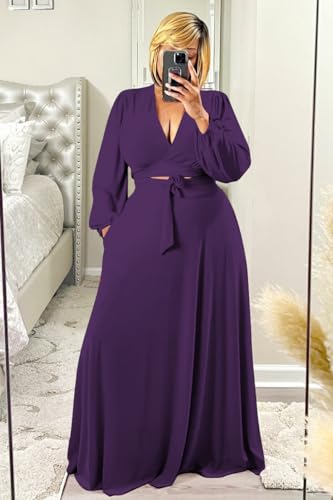 Image of Plus Size Women's 2 Piece Outfits Casual Long Sleeve Wrap Crop Top Maxi Long Dress Flowy Matching Sets