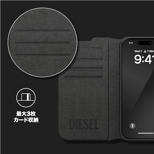 DIESEL iPhone15Proケース 手帳型 おしゃれ ブランド ロゴ デザイン 黒 (ディーゼル iPhone 15 Pro 手帳型ケース, ブラック/ホワイト)
