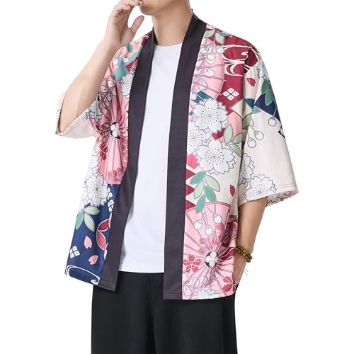 Image of PRIJOUHE Men's Lightweight Kimono Jacket Seven Sleeve Open Front Cardigan Coat Japanese Style Bathrobe