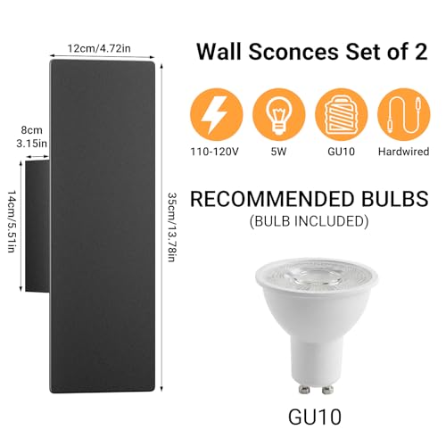 Image of Tipace Hardwired Black Wall Sconces,3000K Modern Wall Lights Led Indoor Wall Wall Mount Light for Bedroom,Living Room, Hallway,GU10 Bulbs Included,2 Pack